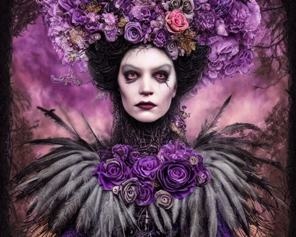 Gothic makeup with purple floral headpiece in misty forest