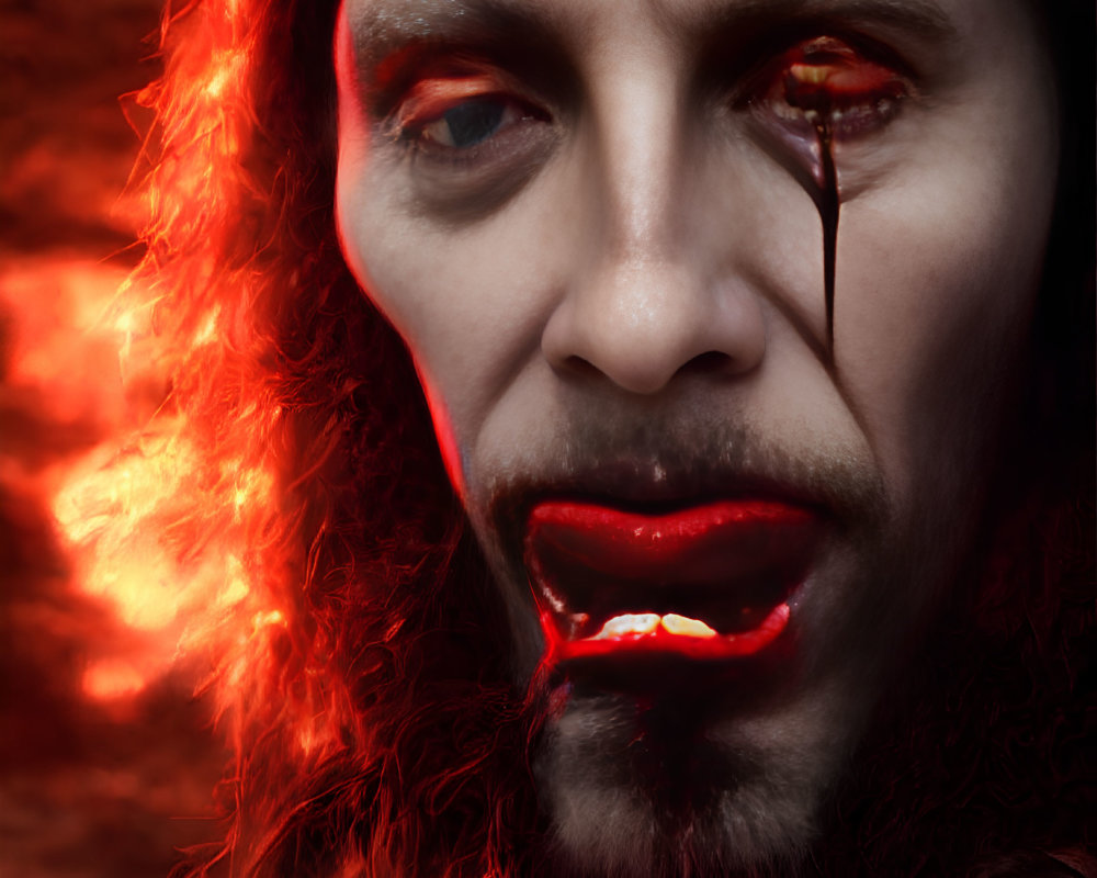 Sinister figure with red eyes, vampire fangs, and blood, against fiery background