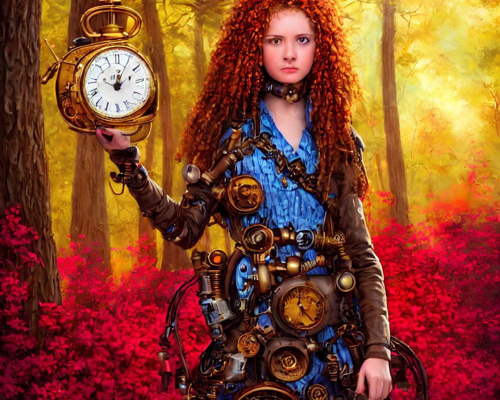 Curly Red-Haired Girl in Steampunk Outfit with Golden Pocket Watch in Autumn Forest