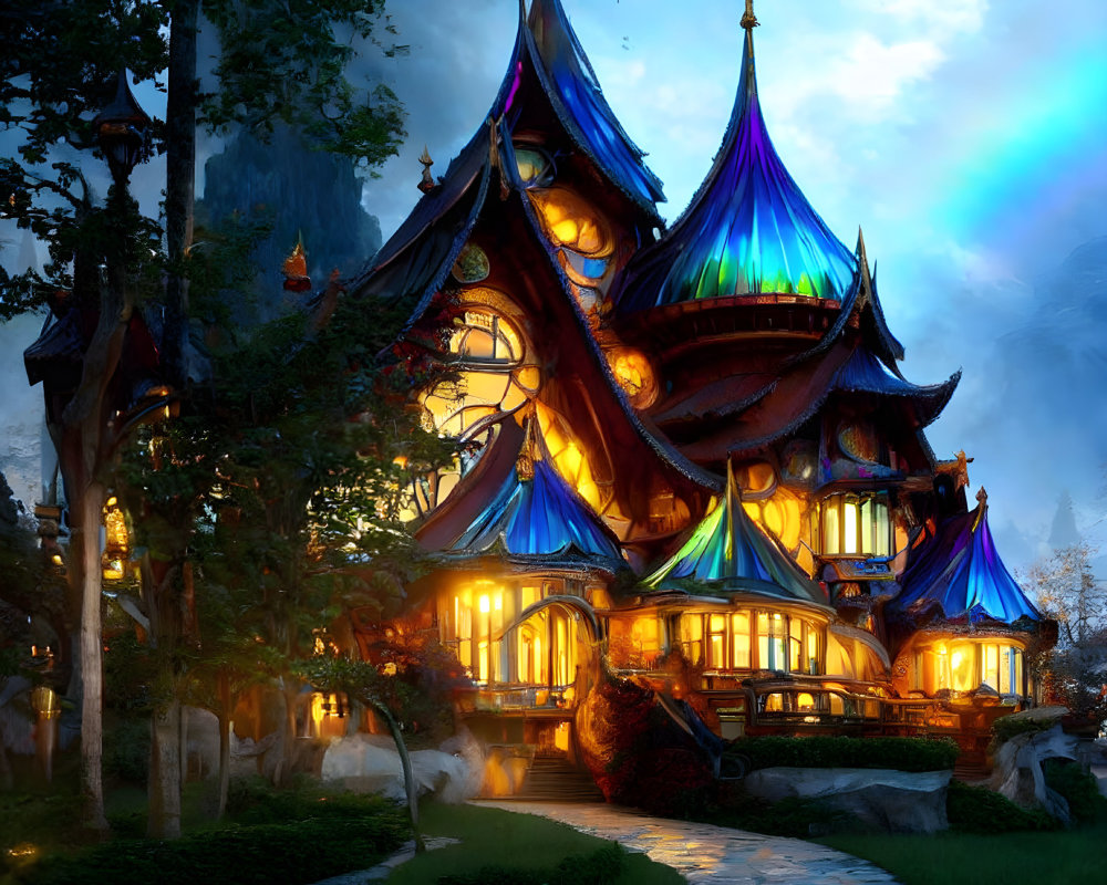 Enchanting multistory fantasy house with blue roofs and spires among trees at twilight