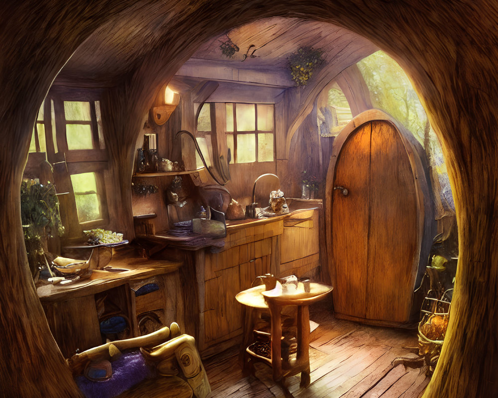 Cozy Round Hobbit-Style Interior with Wooden Door, Table, Fireplace, and Vintage Kitchenware