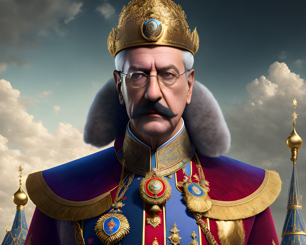 Regal man with mustache in uniform and crown under cloudy sky