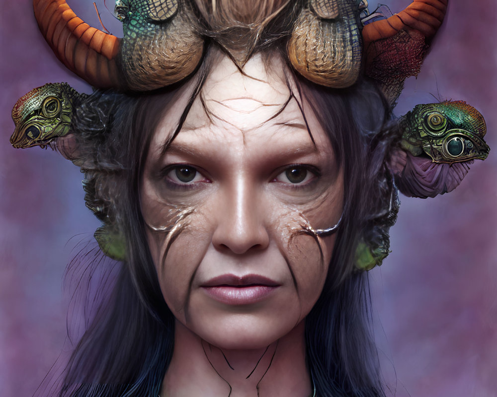 Fantasy-inspired headdress with horns and reptilian creatures on purple backdrop