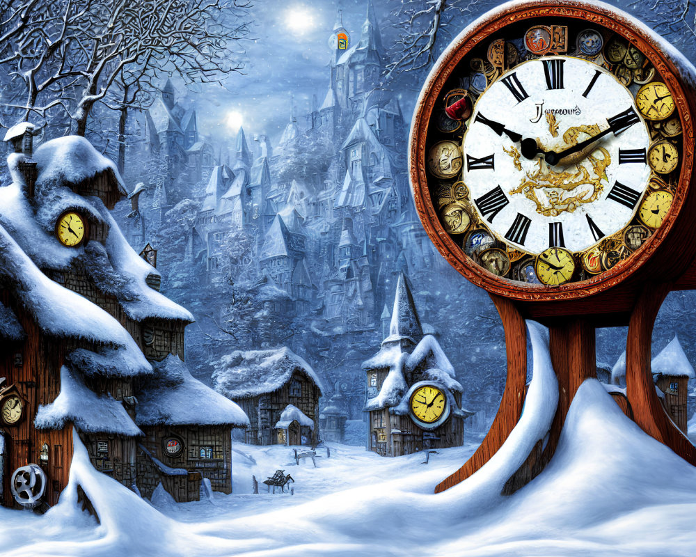 Winter scene with oversized ornate clock, snow-covered cottages, and full moon