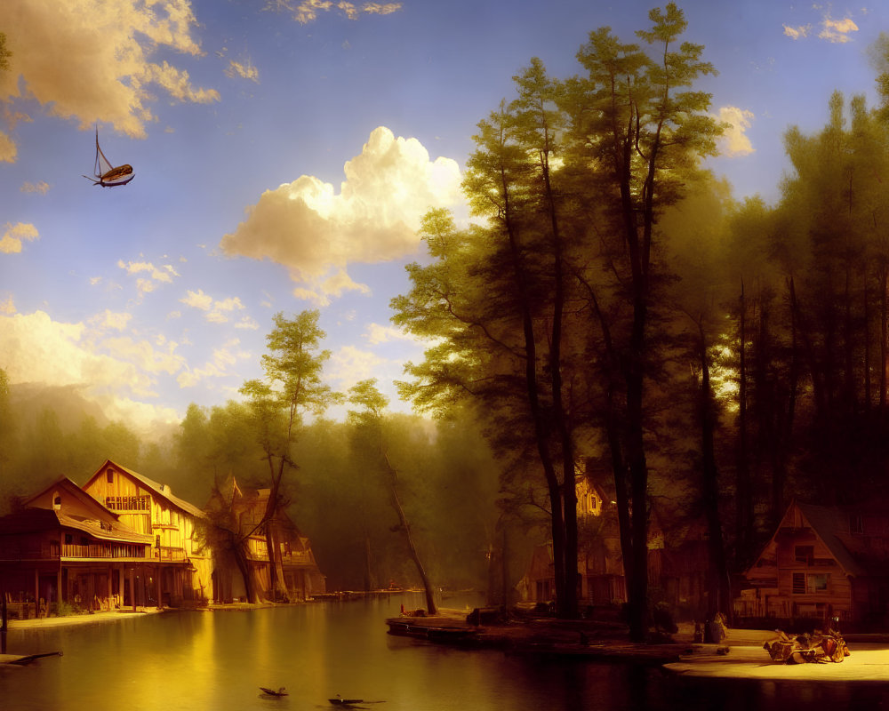 Tranquil lakeside with trees, houses, canoes, and hot air balloon at sunset