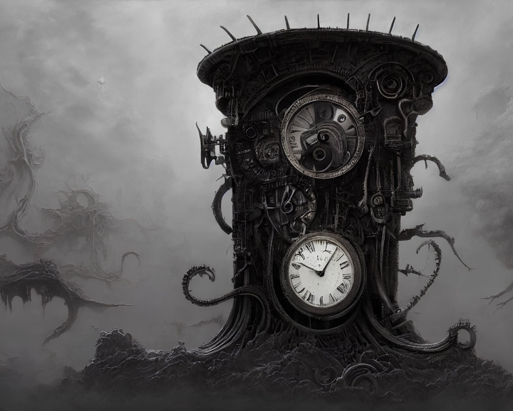 Monolithic clock tower with intricate gears and tentacles in dark, cloudy scene