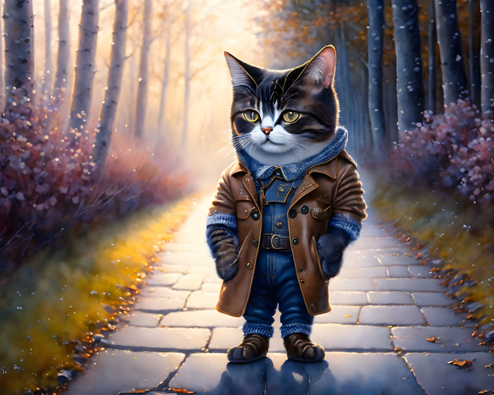 Stylized image: Cat in leather jacket on forest path