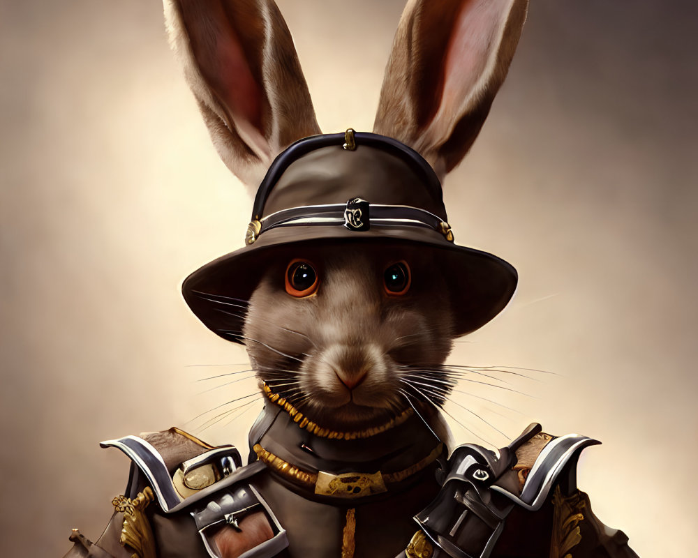 Anthropomorphic rabbit in military uniform with sword