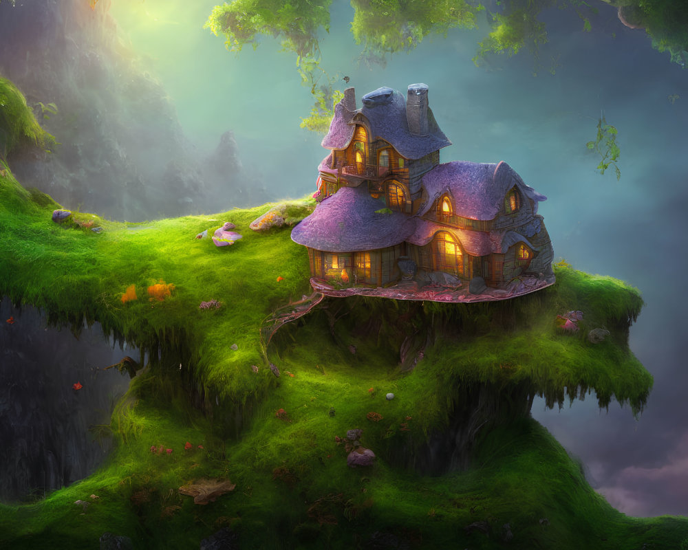 Thatched roof cottage on lush floating island with mystical fog