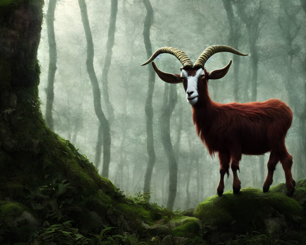 Majestic goat with curved horns in lush green forest