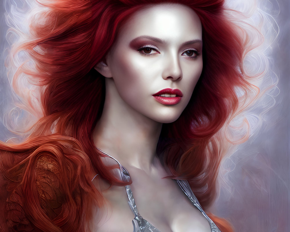 Voluminous Red Hair Woman Portrait with Striking Makeup