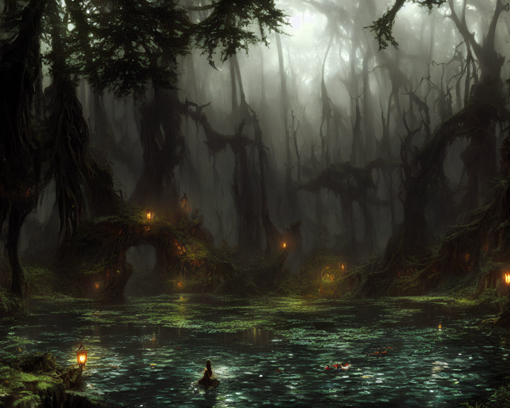 Misty forest with twisted trees, serene water, and glowing lanterns