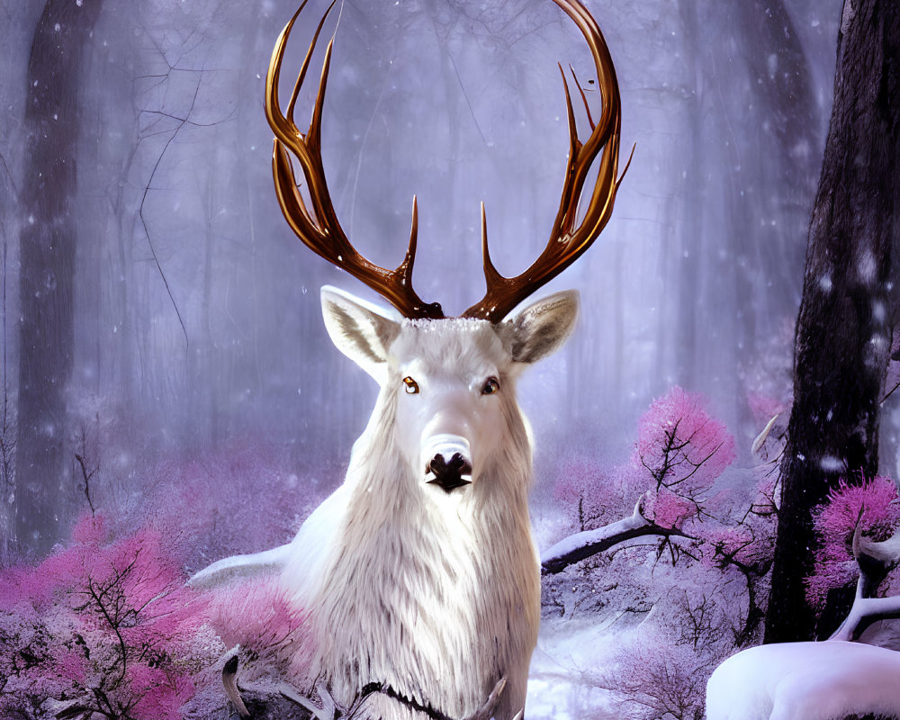 White stag with large antlers in snowy forest with pink foliage and mystical fog.