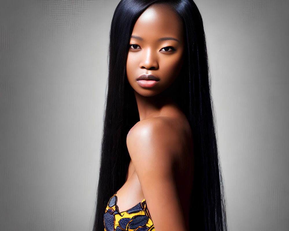 Portrait of Woman with Long Straight Hair in Colorful Top on Grey Background