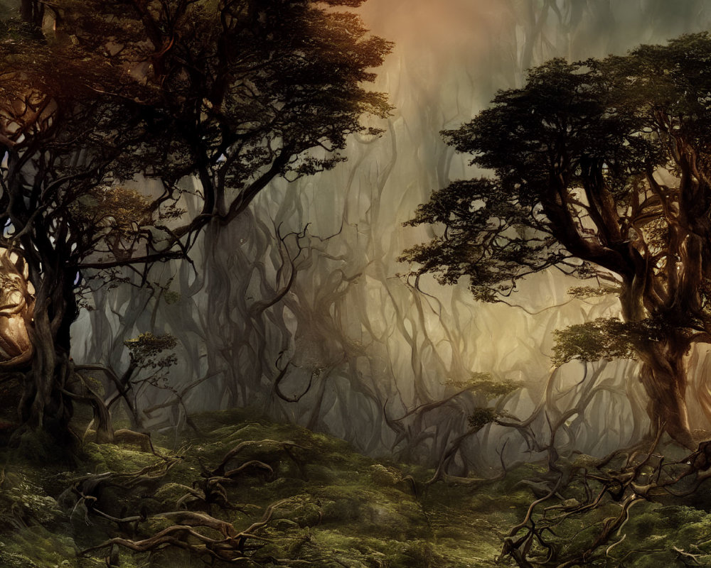 Ethereal forest scene with ancient, gnarled trees in soft mist.