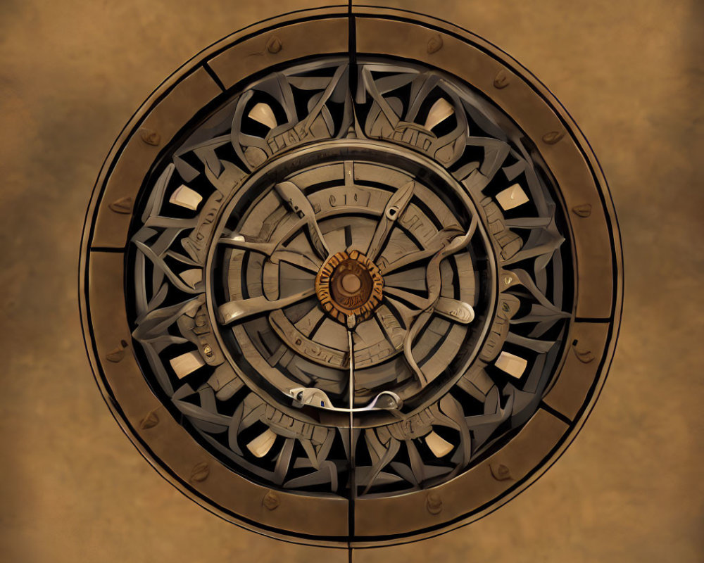 Steampunk-style compass rose with gears and cogs on aged paper.