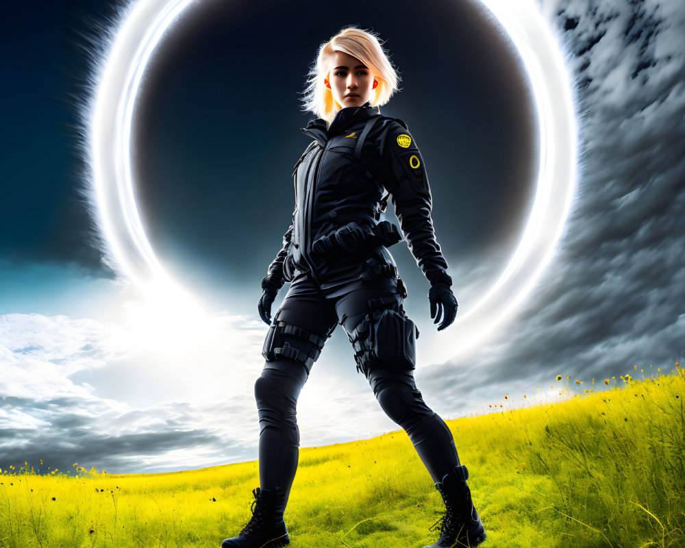 Confident person in futuristic black uniform in dramatic eclipse scene