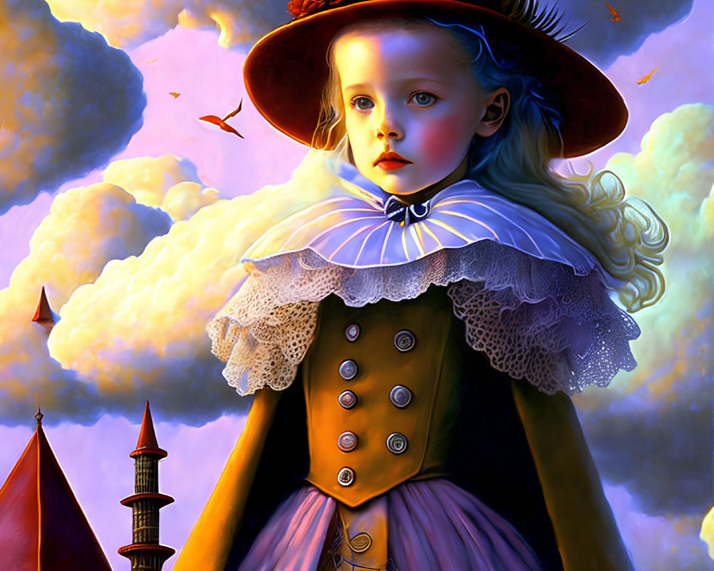 Illustration of solemn Victorian girl in top hat with dreamy backdrop