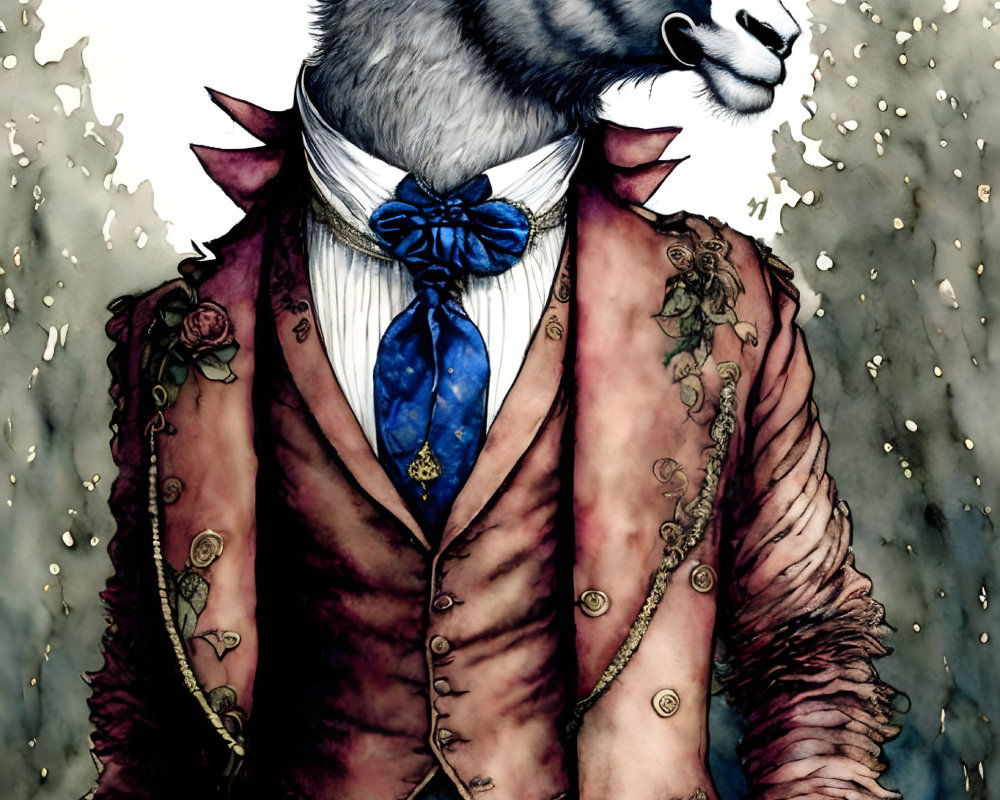 Anthropomorphic goat in Victorian attire with coat, vest, and blue cravat