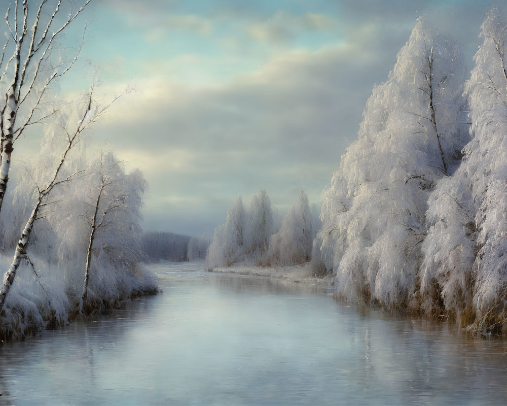 Snow-covered trees and river in serene winter landscape