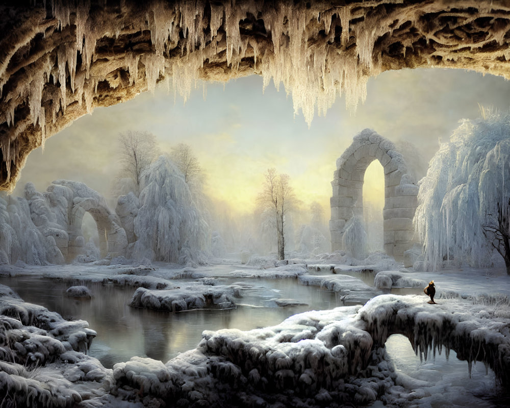 Frozen river and stone ruins in serene winter landscape