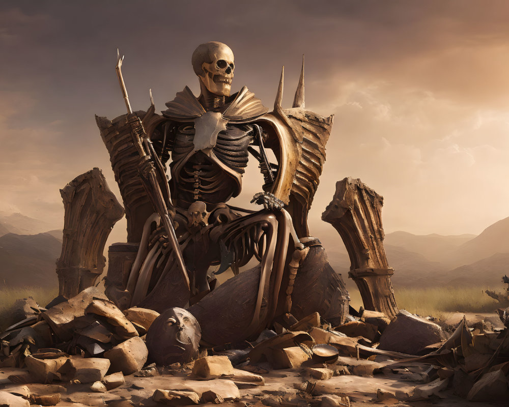 Skeletal figure on bone throne in barren landscape with skulls