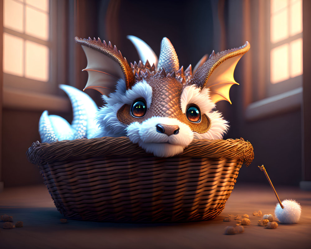 Whimsical dragon-like creature in cozy basket with soft lighting