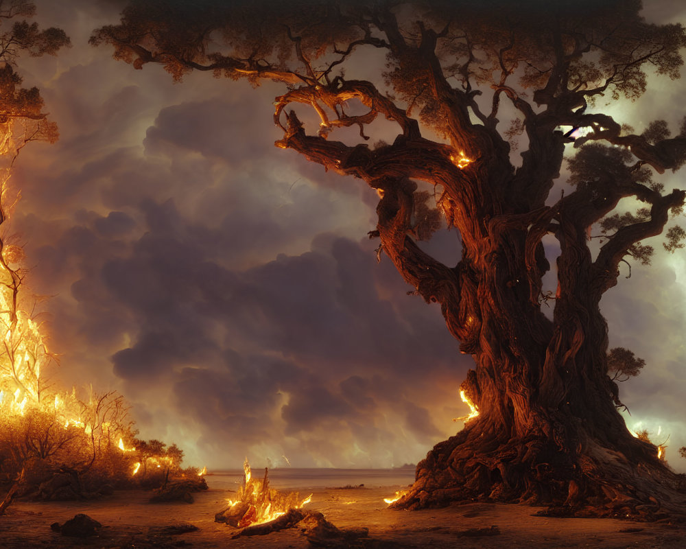 Gnarled tree with fiery limbs in dark, mystical landscape