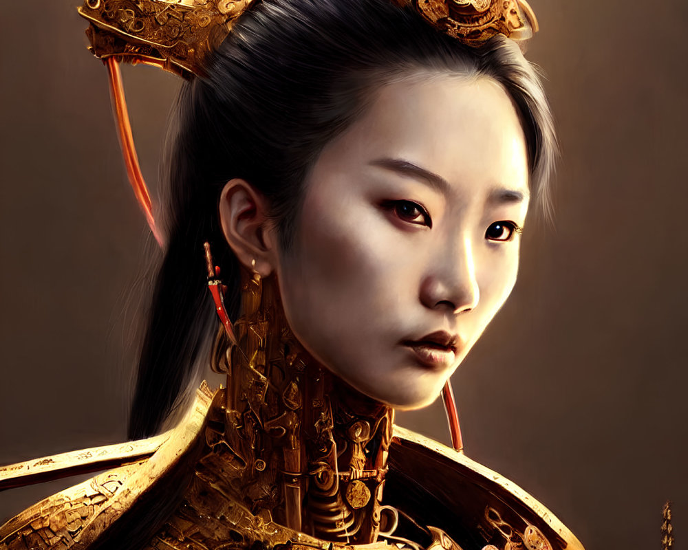 Digital Artwork: Woman in Golden Mechanical Armor with East Asian Fusion