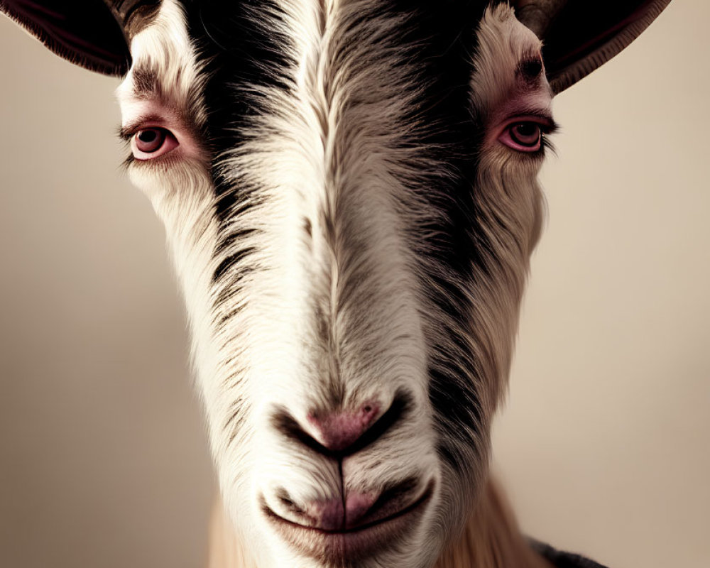 Goat with Prominent Horns and Calm Expression on Neutral Background