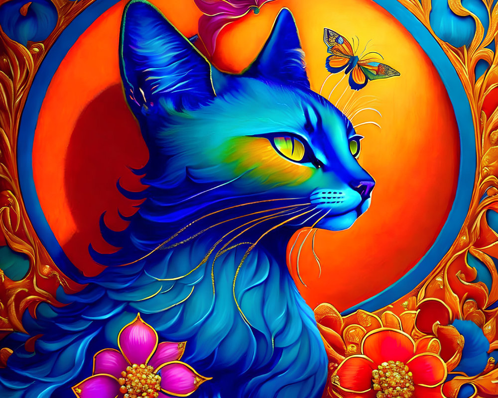 Colorful digital artwork: Blue cat with floral patterns, butterfly, and lotus flowers