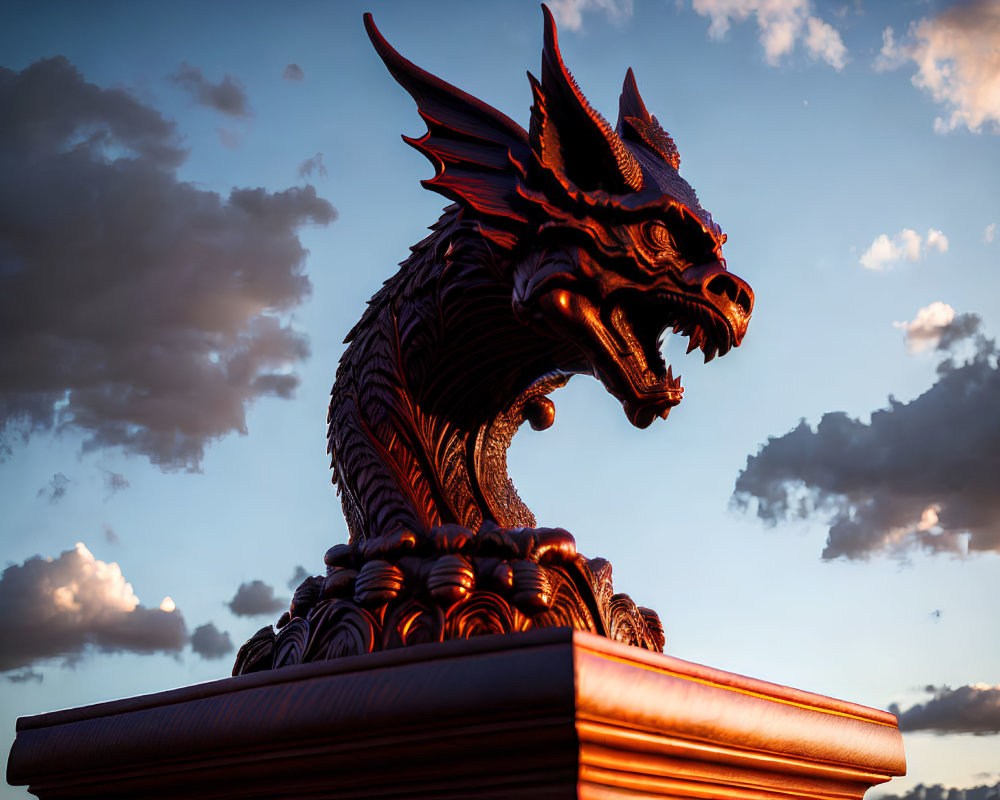 Majestic dragon sculpture at sunset with dramatic lighting