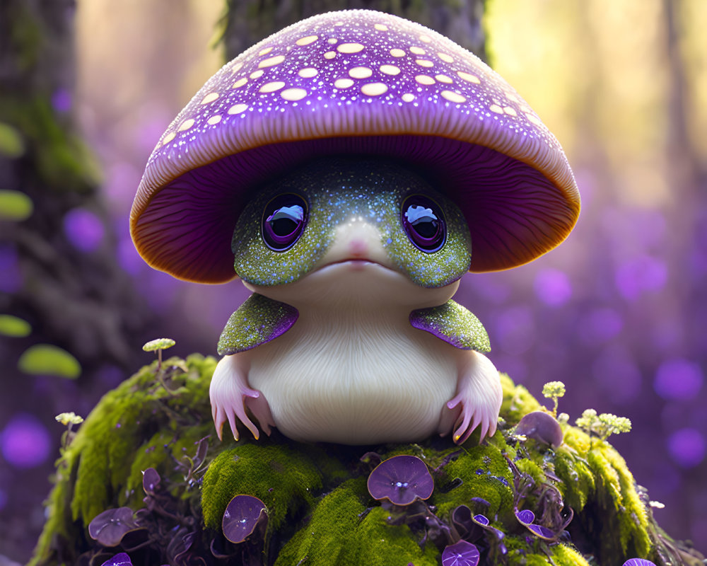 Illustration of cute creature with large eyes in purple forest