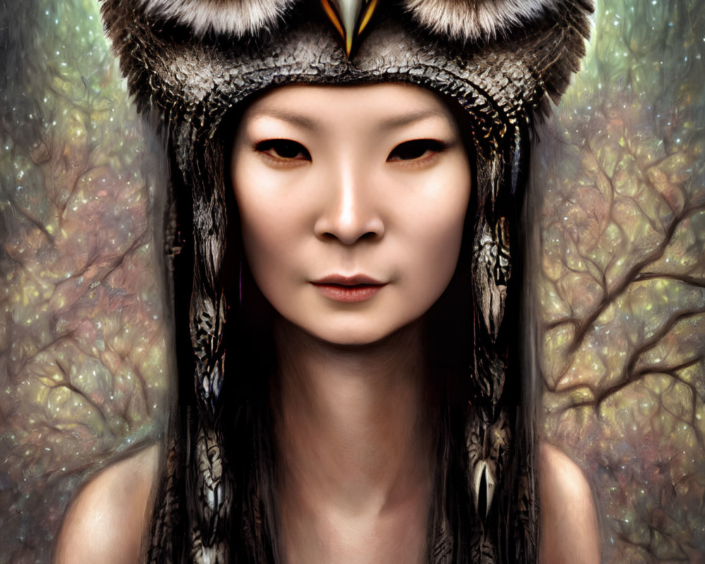 Asian person in owl headpiece against mystical forest