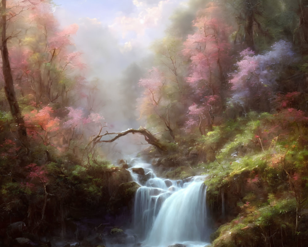 Tranquil waterfall in misty forest with flowering trees