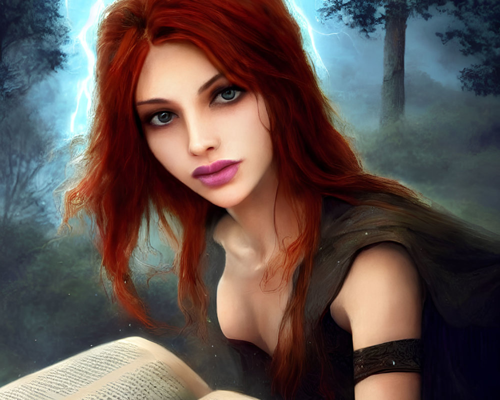 Woman with Red Hair and Purple Eyes Reading Book in Mystical Forest with Lightning