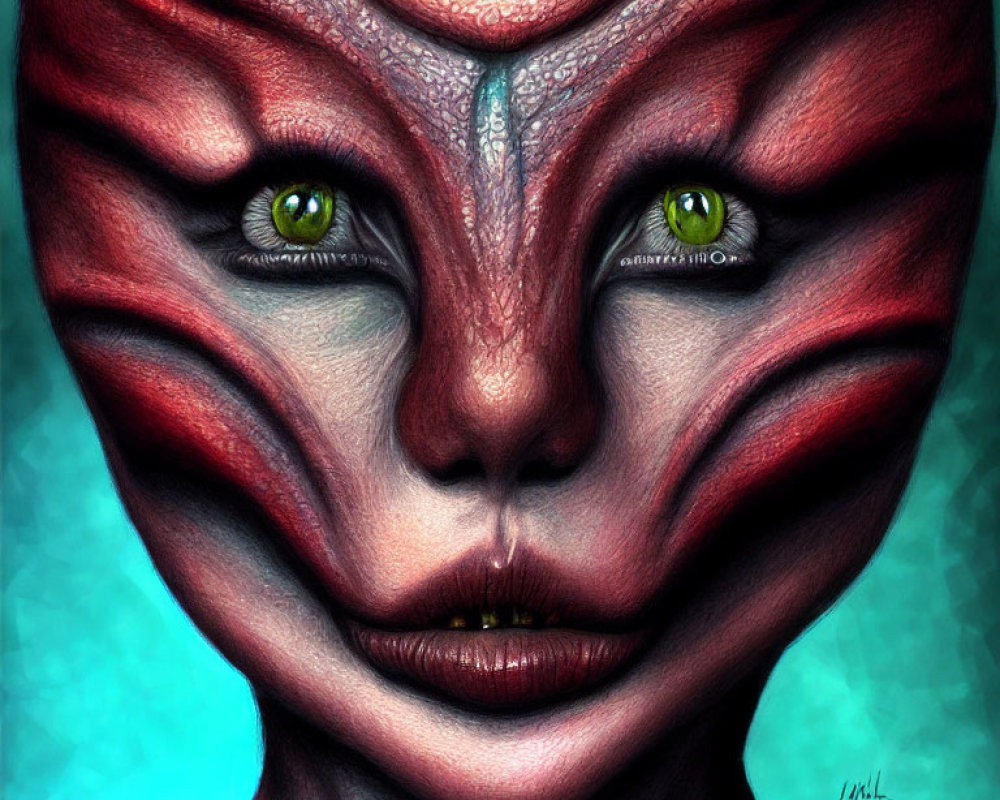 Detailed Alien Face Illustration with Red and White Striped Skin