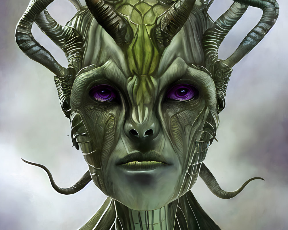 Female alien with green scaly skin and purple eyes in misty backdrop