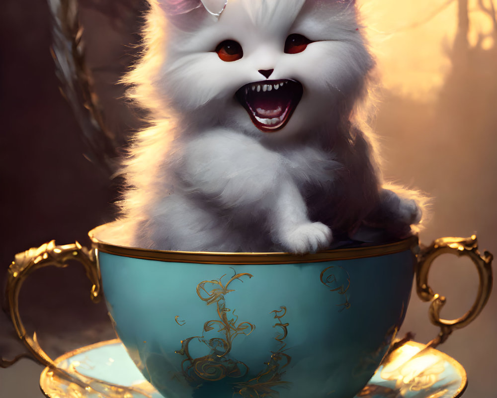 Fluffy kitten with large eyes in turquoise teacup