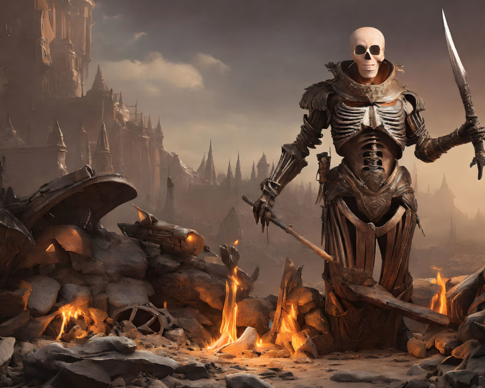 Fantasy skeletal warrior in armor with sword and staff in ruins.