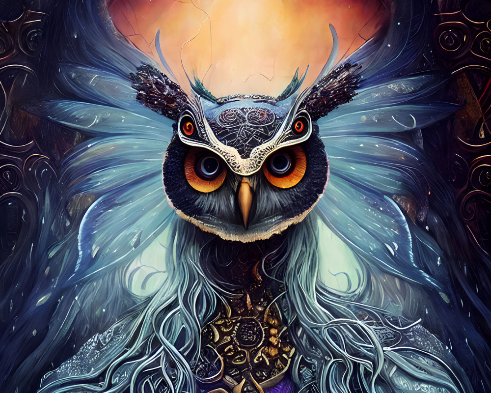 Colorful digital artwork: Owl with orange eyes, lace, feathers, mystical background