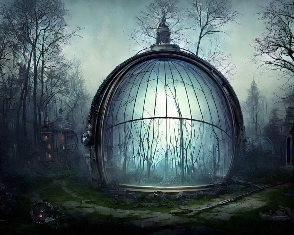 Eerie glass dome with dead tree in gothic forest