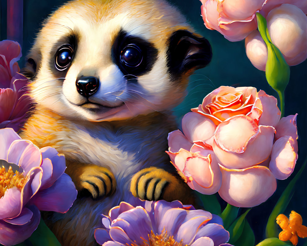 Meerkat surrounded by vibrant flowers on dark background