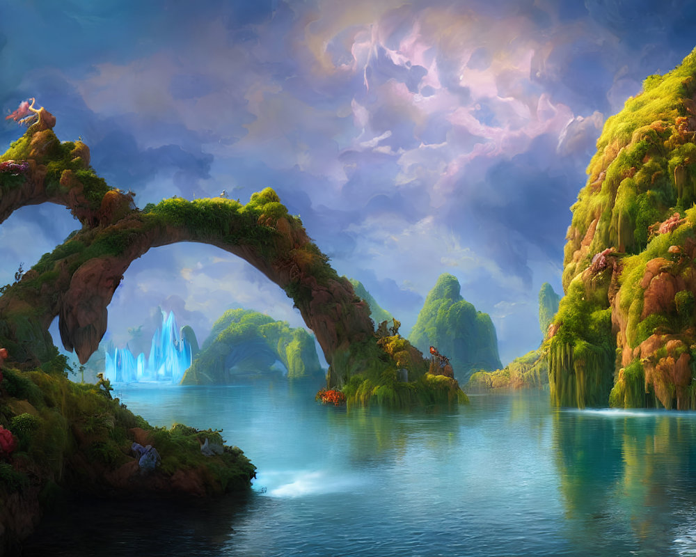 Fantasy landscape with water, green islands, floral outcroppings, and natural arch bridge