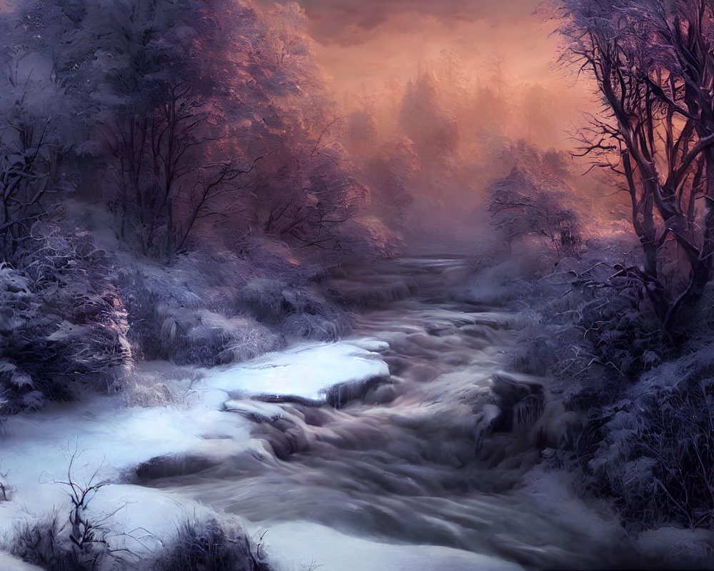 Winter river scene with frosted trees at dusk