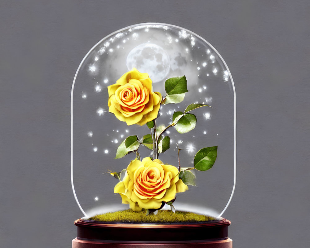 Glass dome with blooming yellow roses, moss, and full moon scene