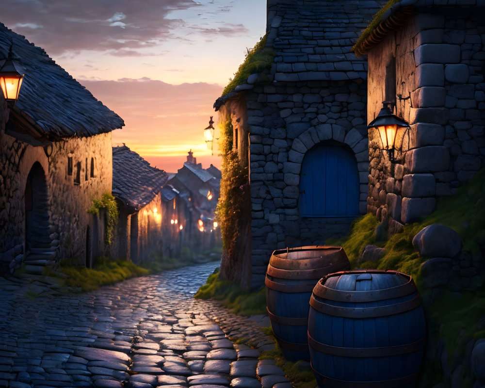 Twilight scene of stone-paved village street with lanterns, cobblestone houses, wooden door