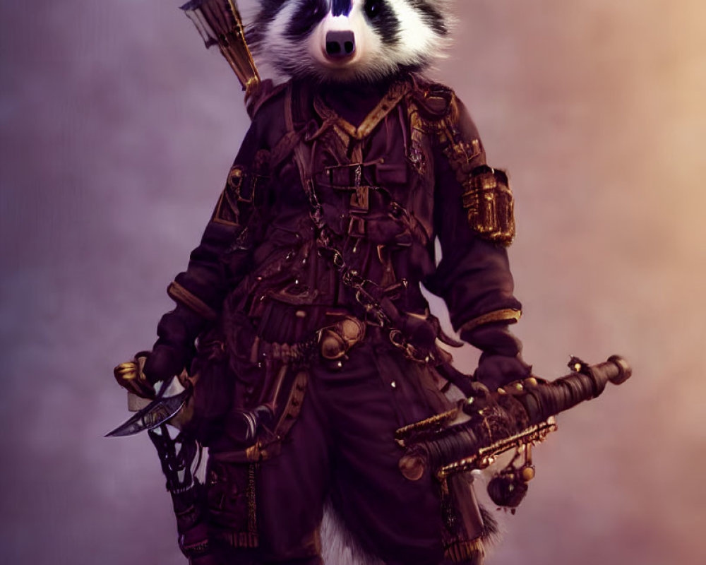 Steampunk-themed anthropomorphic raccoon with top hat and sword