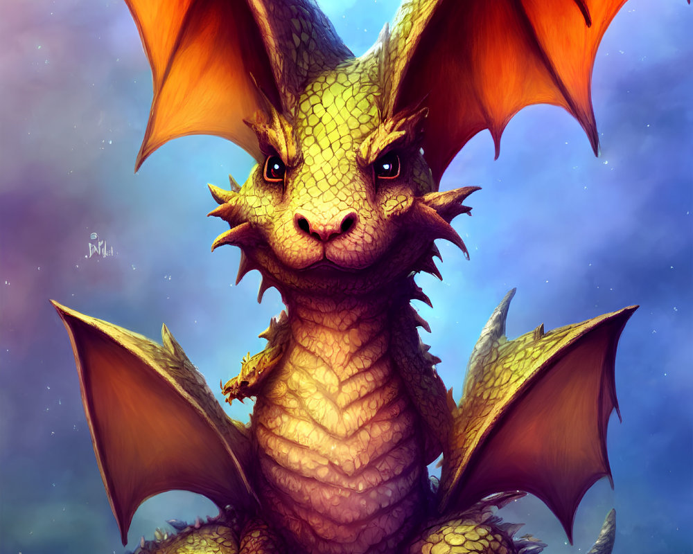 Detailed illustration of friendly dragon with large expressive eyes, orange wings, and shiny scaled skin under purple sky