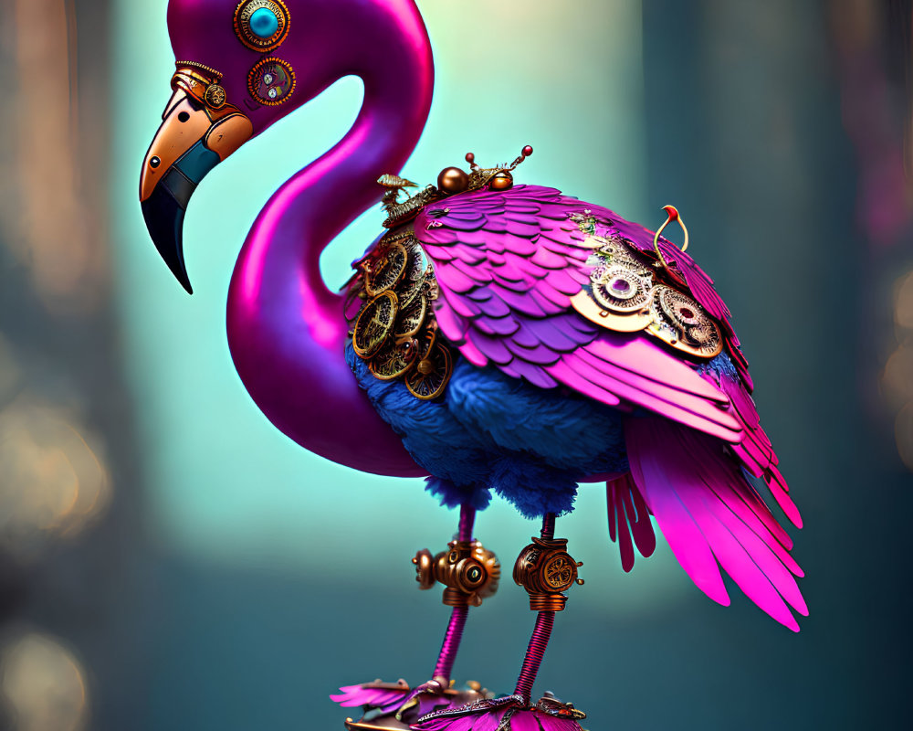 Steampunk flamingo with mechanical legs and gears on pedestal